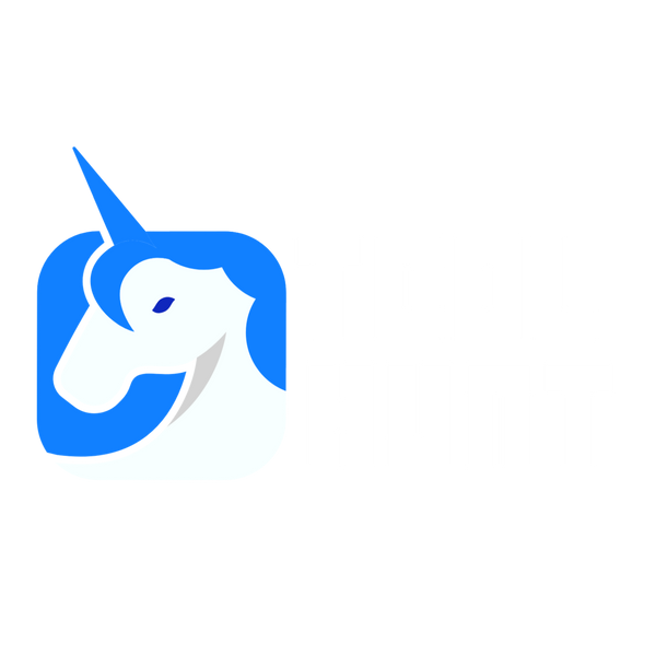 Blue and white logo of a unicorn head with a horn on a white background